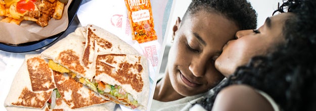 Taco Bell crunchwrap and someone kissing their SO's forehead 