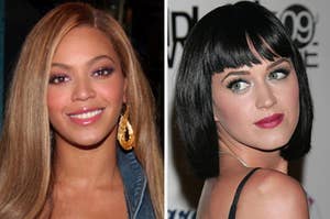 Beyonce is on the left looking straight ahead with Katy Perry looking over her shoulder on the right