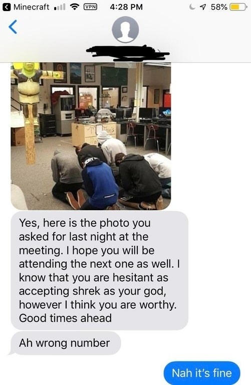 wrong number text of someone sending a room praying to shrek