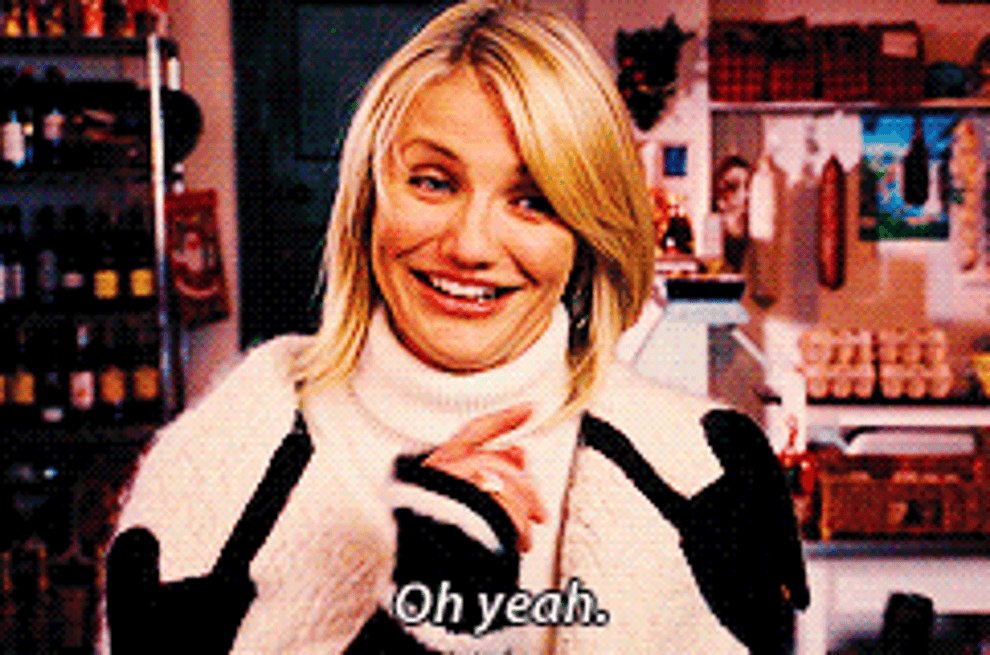 Cameron Diaz in &quot;The Holiday&quot; drinking wine from the bottle and saying &quot;oh yeah&quot;