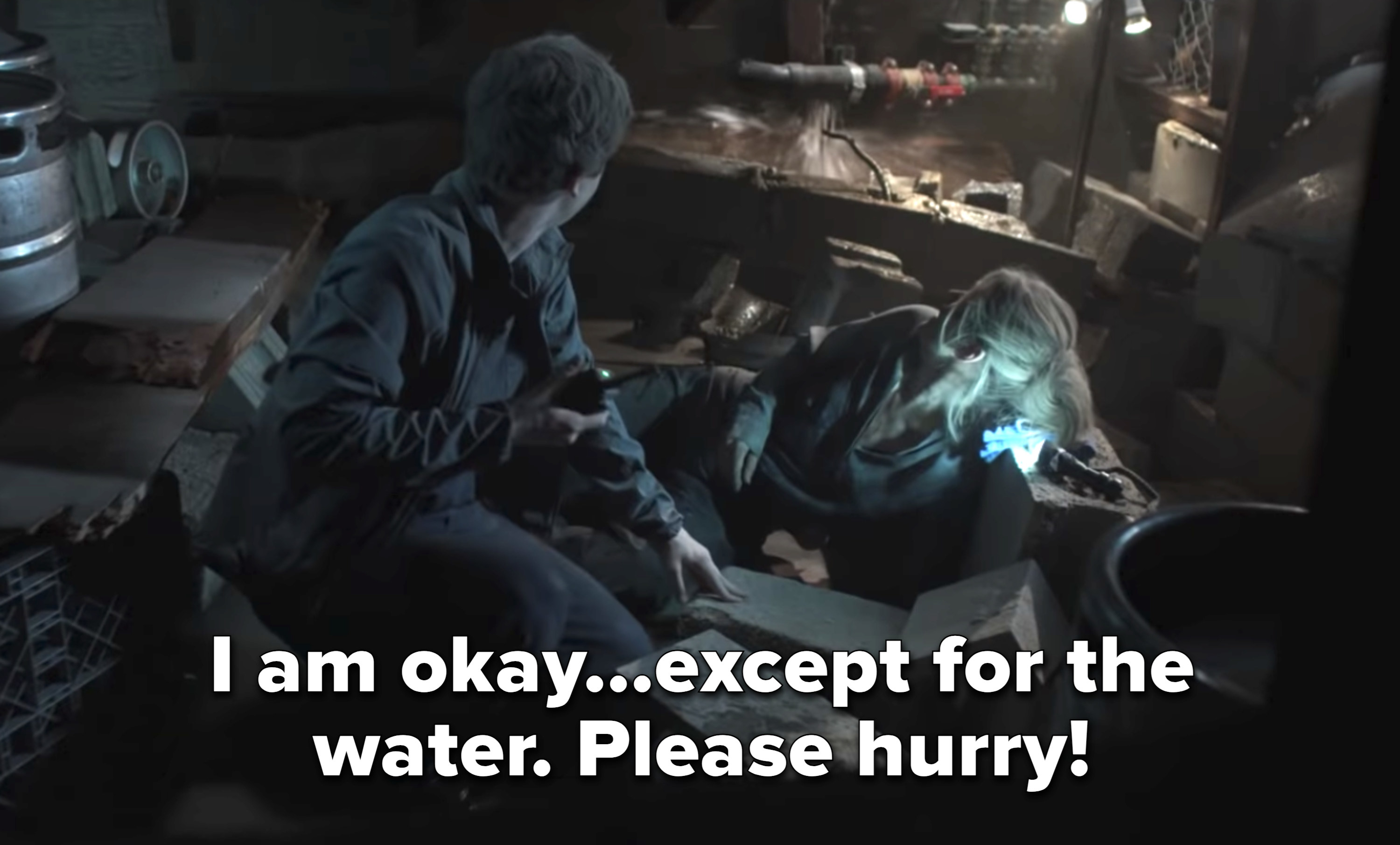 in the basement, Shawn says &quot;I am okay...except for the water. Please hurry!&quot;