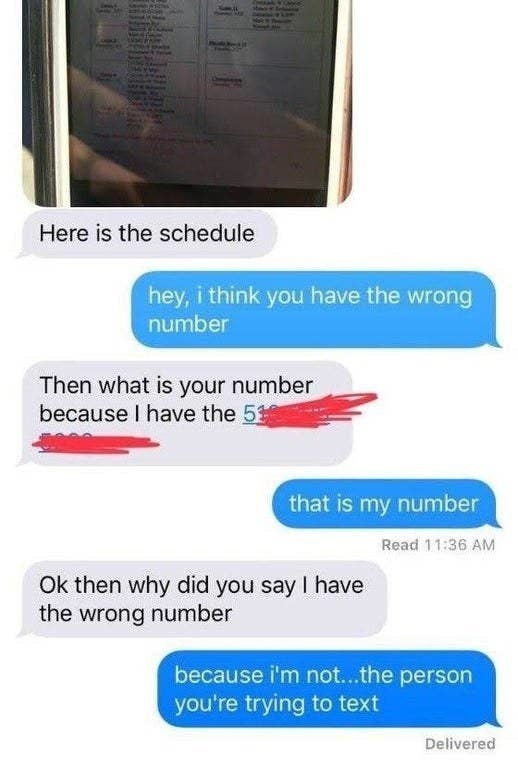 wrong number text of a work schedule and the other person says it&#x27;s the wrong number but they don&#x27;t believe them