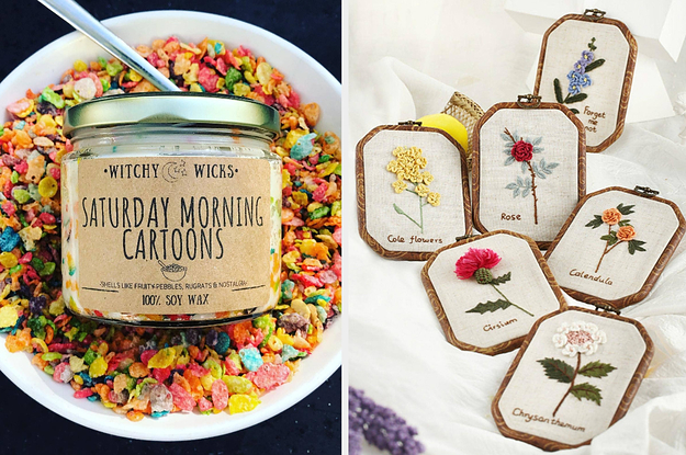 a saturday morning cartoons candle, and floral embroidery kits