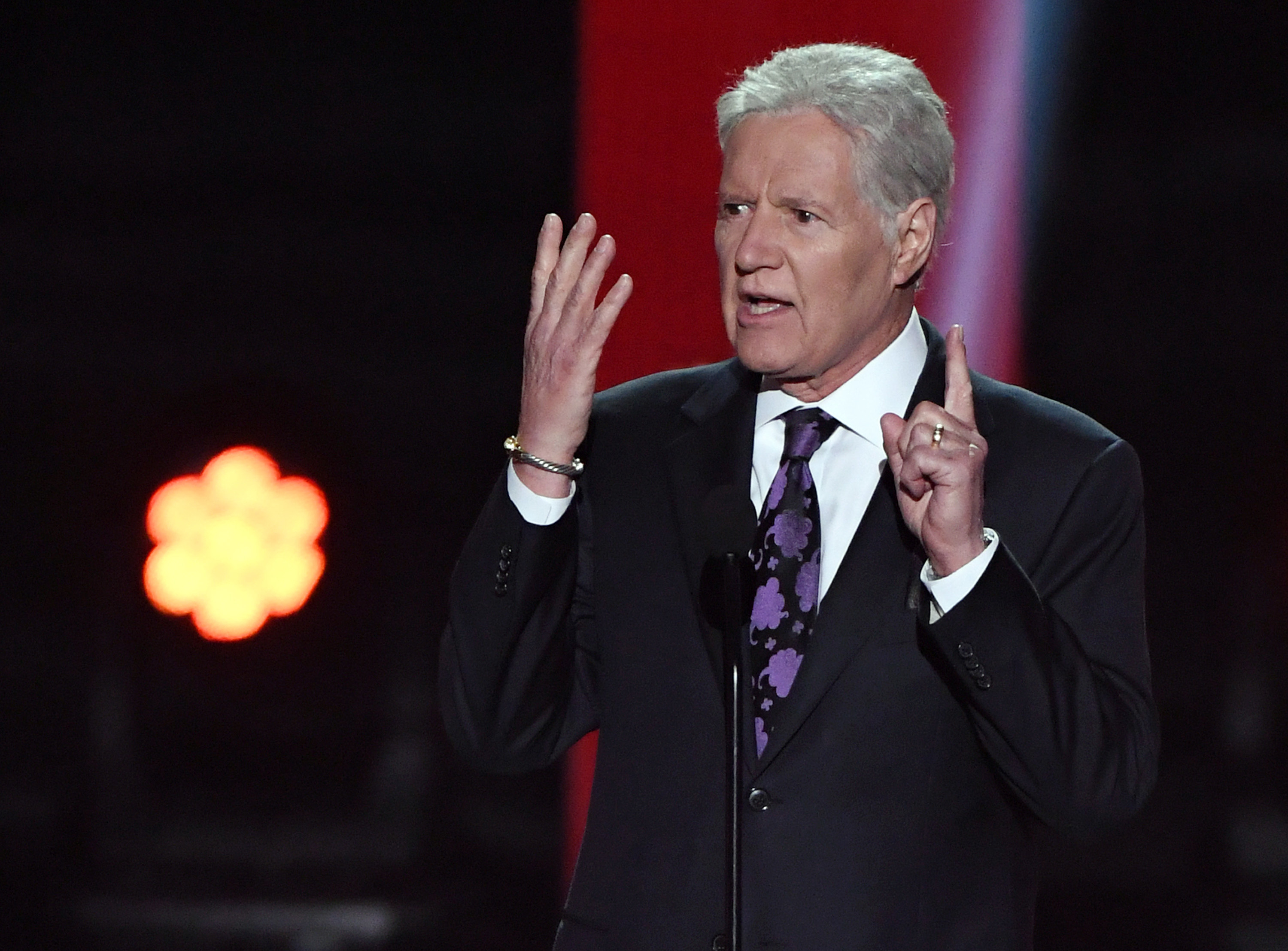 &quot;Jeopardy!&quot; host Alex Trebek presents the Hart Memorial Trophy during the 2019 NHL Awards at the Mandalay Bay Events Center on June 19, 2019 in Las Vegas, Nevada