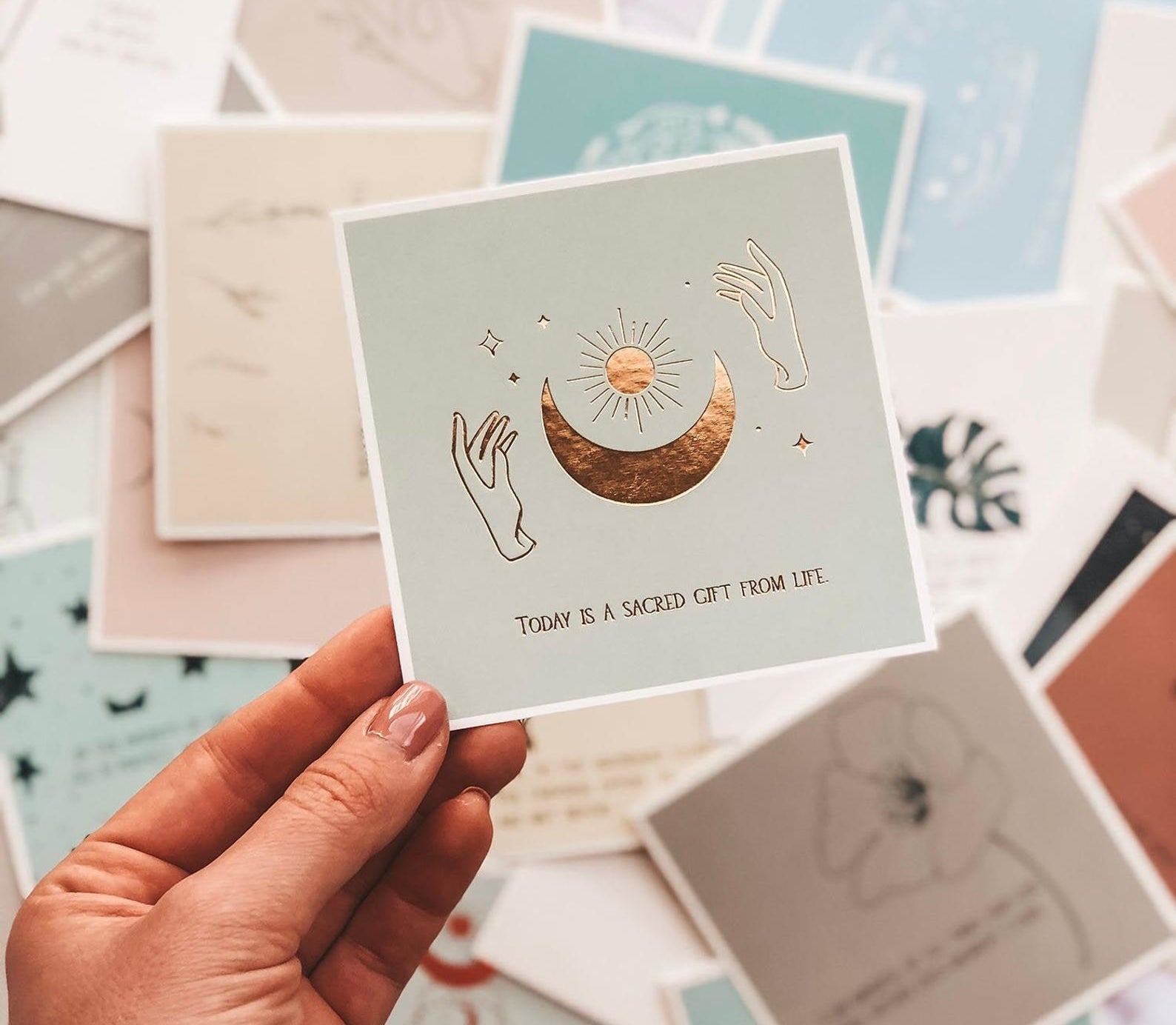 person holding card that reads "today is a sacred gift from life"