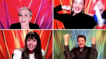 Kristen Wiig, Gal Gadot, Patty Jenkins, and Pedro Pascal excitedly screaming