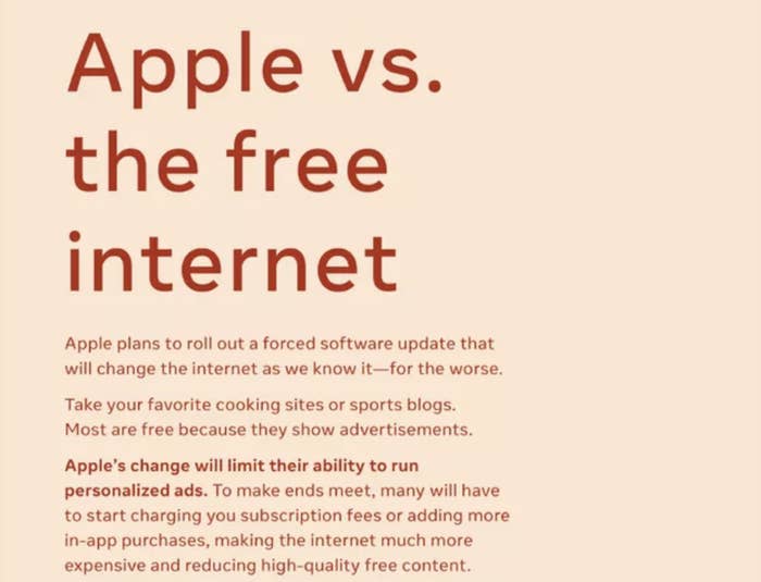 A screenshot of part Facebook&#x27;s ad against Apple says that the iPhone maker is against the free internet and is trying to hurt small businesses by limiting the ability to run personalized ads