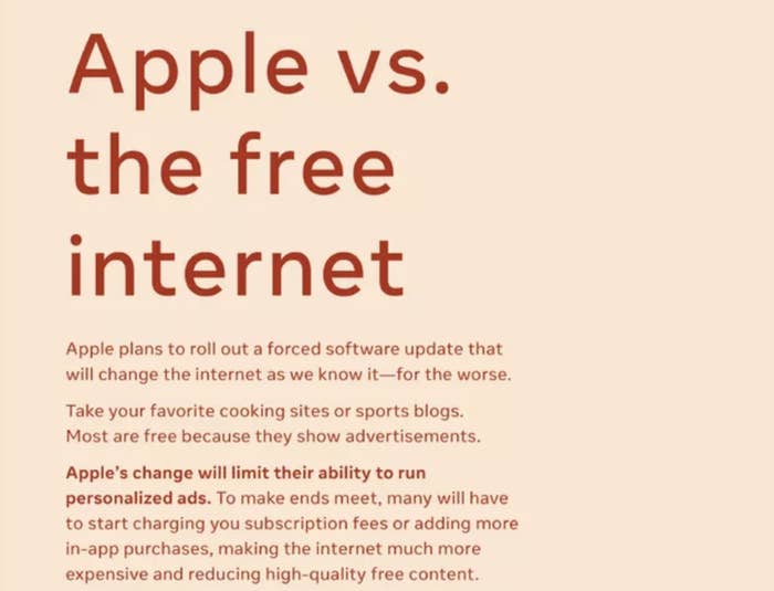 A screenshot of part Facebook's ad against Apple says that the iPhone maker is against the free internet and is trying to hurt small businesses by limiting the ability to run personalized ads