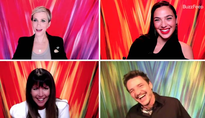 Kristen Wiig, Gal Gadot, Patty Jenkins, and Pedro Pascal laughing