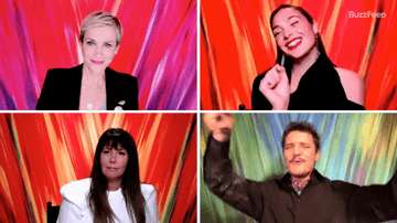 Kristen Wiig, Gal Gadot, Patty Jenkins, and Pedro Pascal dancing and singing