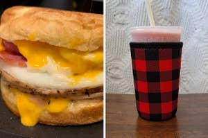 A breakfast sandwich / an iced coffee coozie