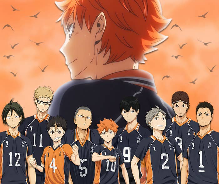 The members of Karasuno&#x27;s high school volleyball club; Hinata Shoyo is in the background along with some crows flying