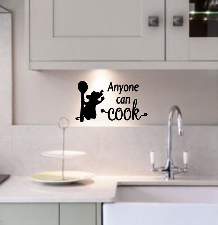a silhouette of remy wearing a chef&#x27;s hat and the words &quot;anyone can cook&quot;