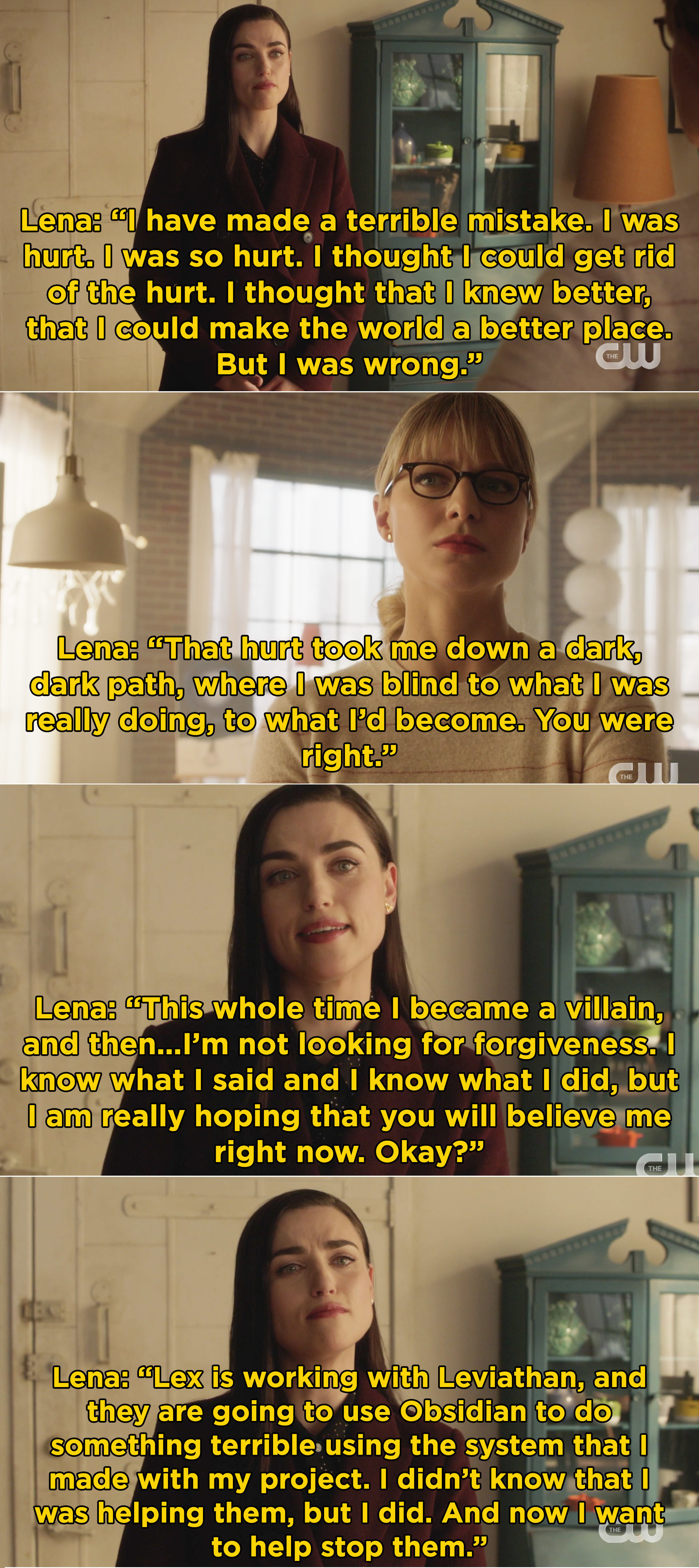 Lena telling Kara all about Lex's plans and saying that she wants to help stop him