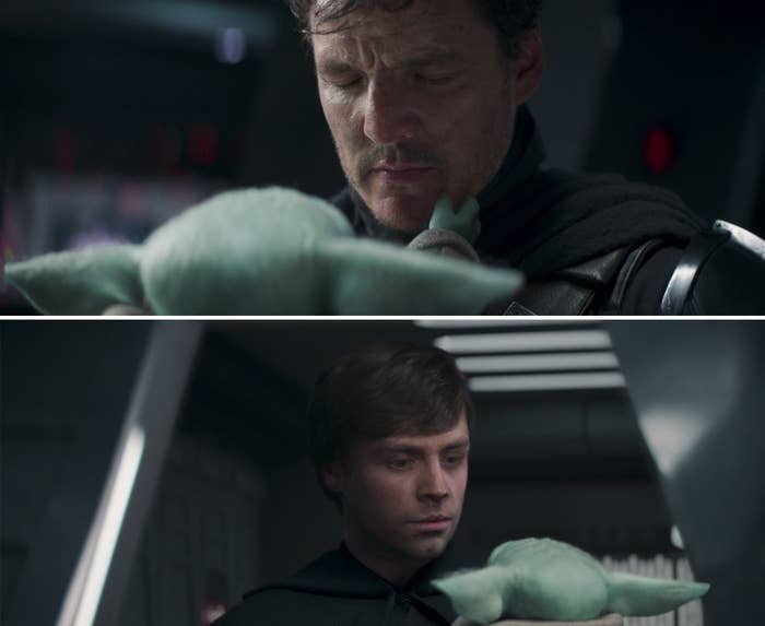 Grogu touching Mando's face without his helmet and Luke holding Grogu