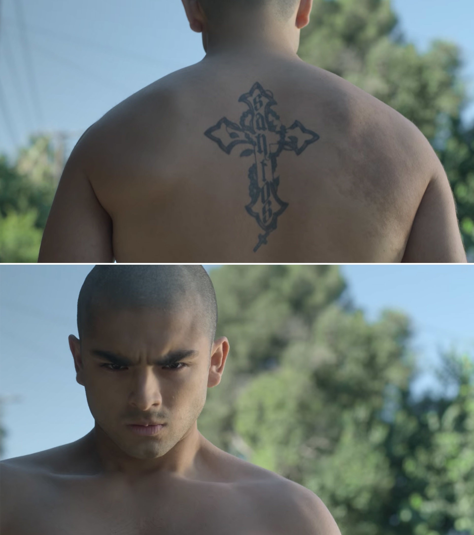 César with a shaved head and a Santos tattoo