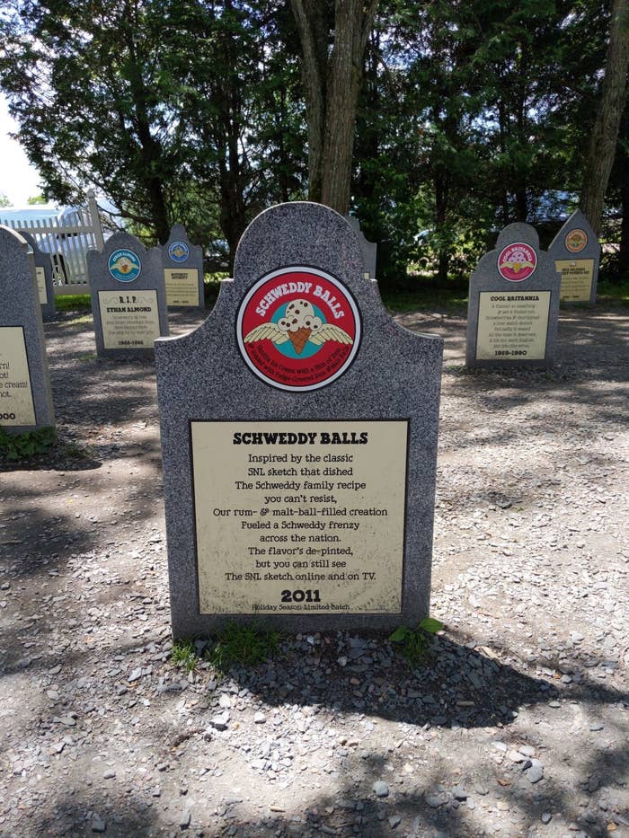 A tombstone for &quot;Schweddy Balls,&quot; and ice cream flavor inspired by an SNL sketch