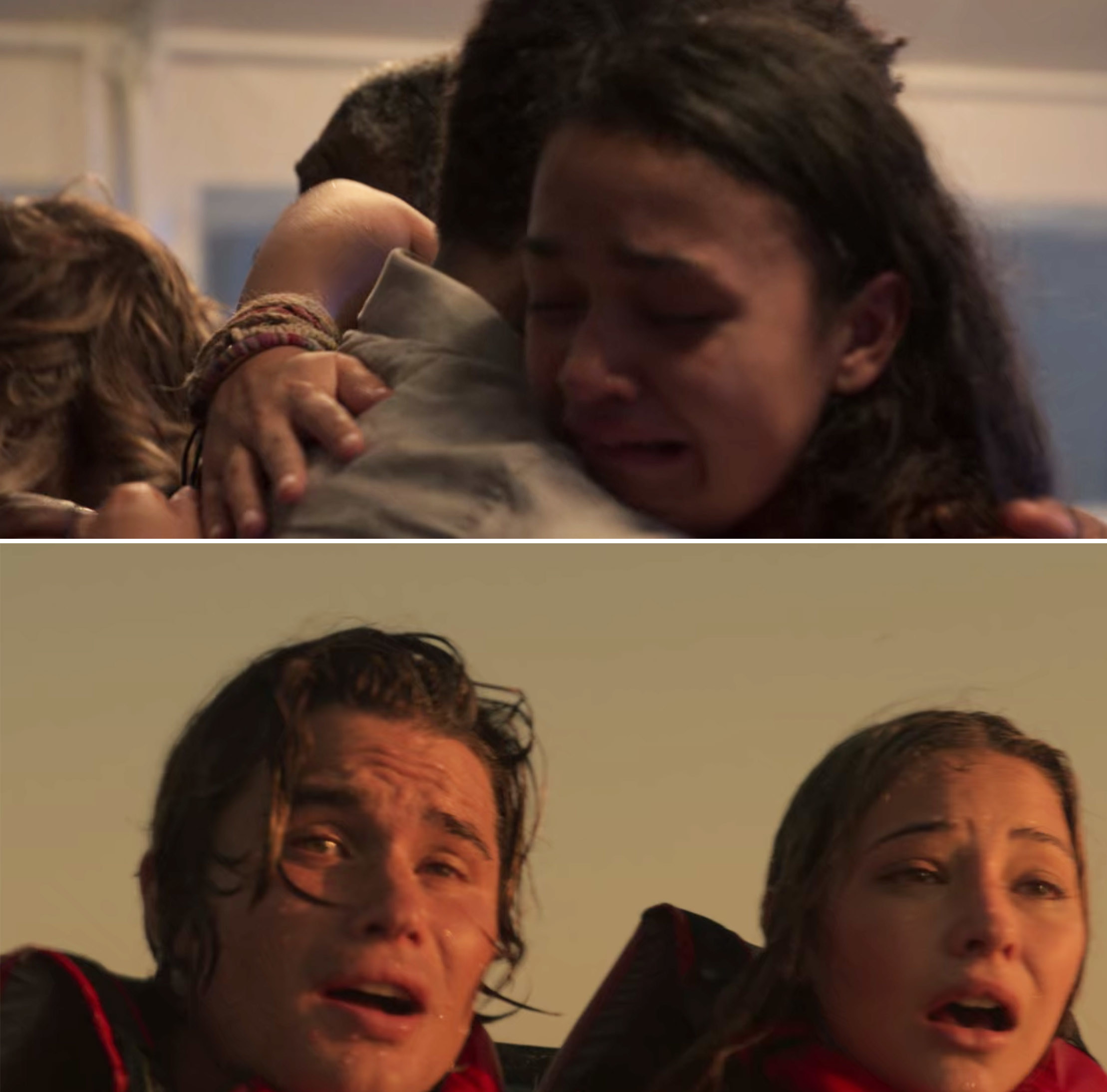 Kie crying in Pope's arms and John B and Sarah looking relieved after seeing a boat