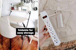 on left a foldable storage chair and on right a power strip 