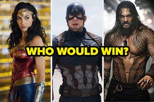 Wonder Woman, Captain America, and Aquaman with the question: "Who would win"