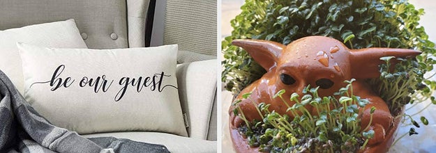 to the left: a be our guest lumbar pillow, to the right: a baby yoda chia pet