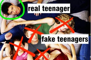 One Tree Hill cast with their faces crossed out and labelled "fake teenagers," except Nathan, who is labelled a real teenager