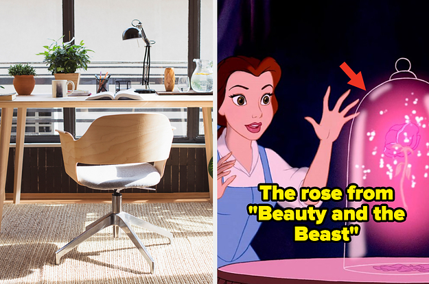A modern desk next to Belle with the rose from 