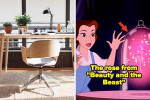 A modern desk next to Belle with the rose from "Beauty and the Beast"