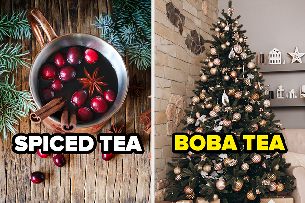 a mug filled with tea, cranberries, cinnamon sticks next to a tall christmas tree with ornaments