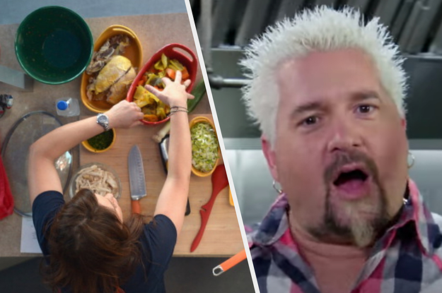 Rachel Ray is on the left cooking with Guy Fieri on the right looking shocked