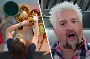 Rachel Ray is on the left cooking with Guy Fieri on the right looking shocked