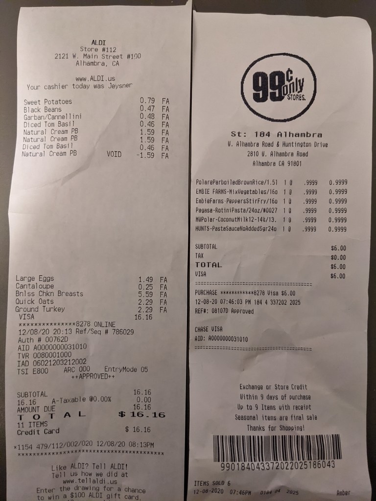 Receipts from Aldi and 99 Cent Store