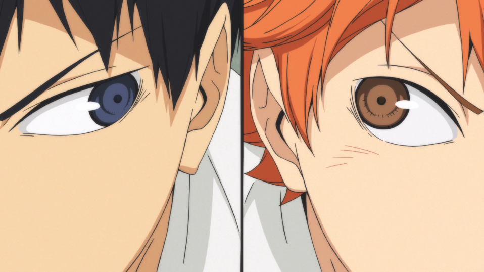 A close up of Kageyama Tobio&#x27;s and Hinata Shoy&#x27;s eyes; they are looking at each other