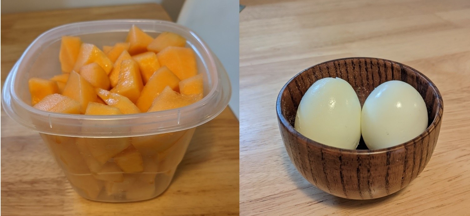 Container of cantaloupe next to a small dish of two hard-boiled eggs