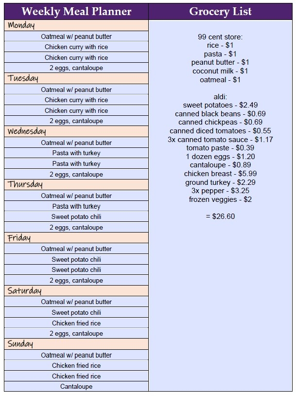 Breakdown of weekly meals and a list of groceries with prices