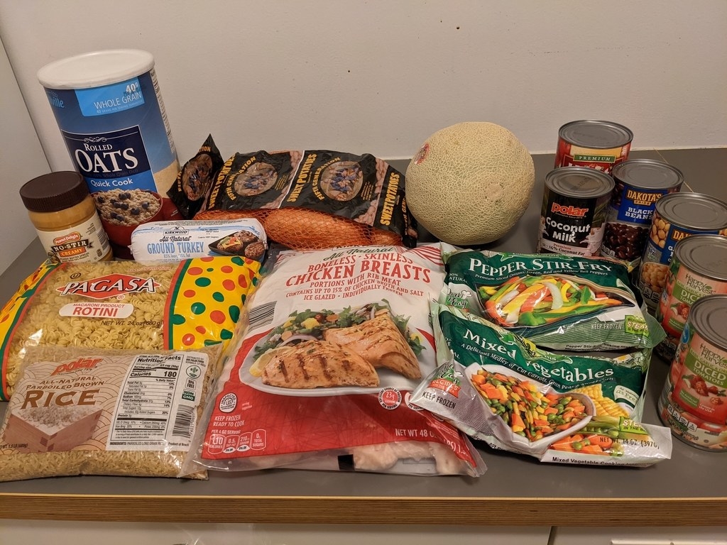 The week&#x27;s grocery items all together on my counter