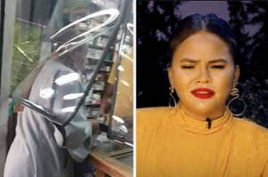 A woman glaring at a woman going underneath the plastic barrier at a register.