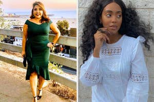 (left) Off-the-shoulder green bodycon dress (right) White blouse