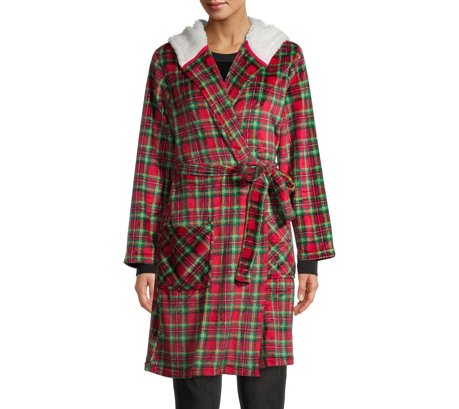 person wearing a tartan robe with faux sherpa lining and hood