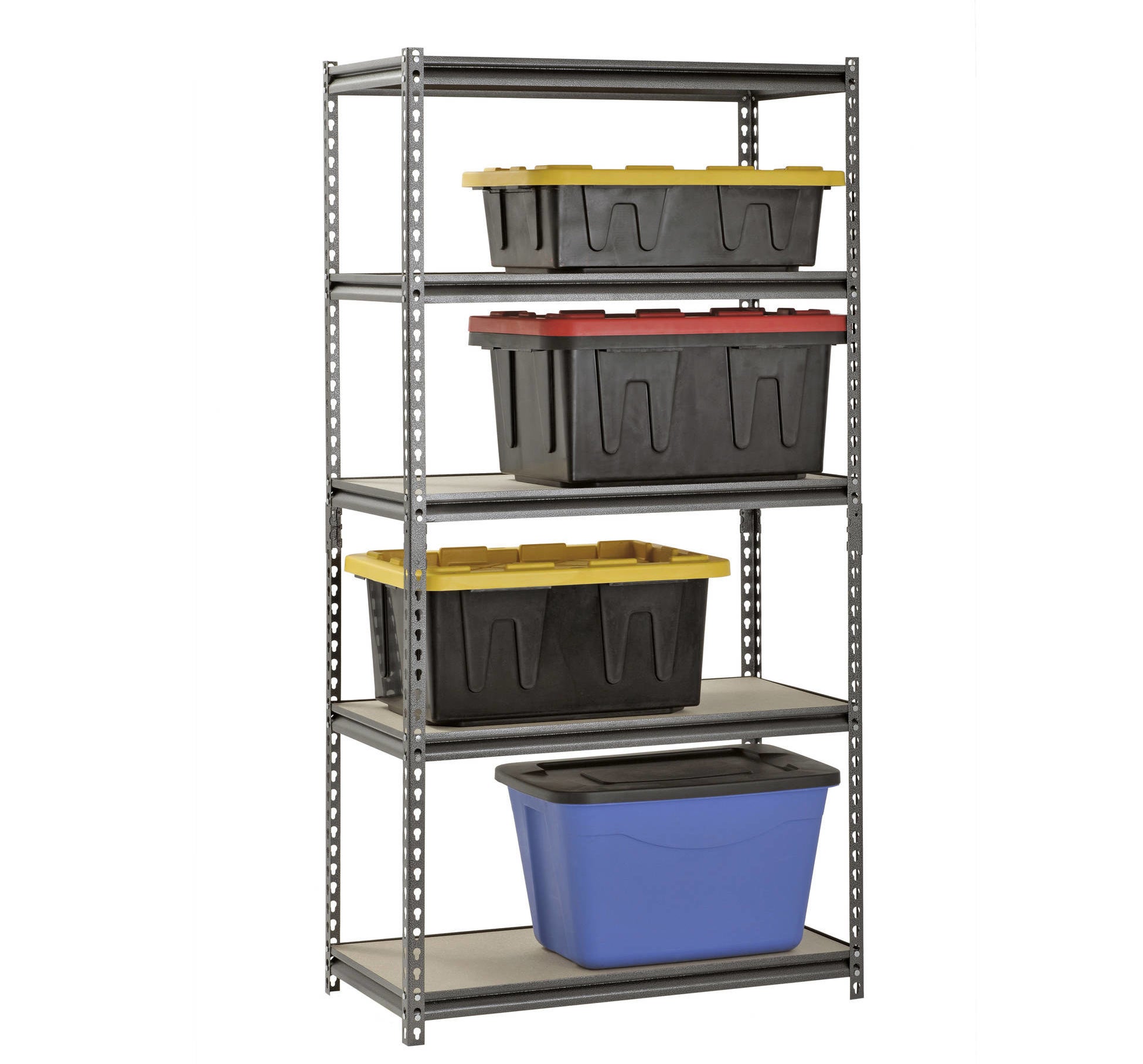 steel shelving unit that holds plastic storage boxes