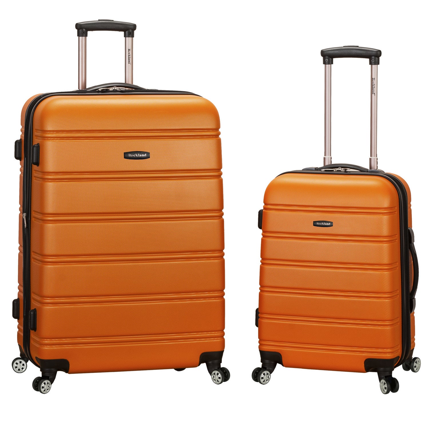 two orange hard-shell suitcases with 360-degree spinner wheels