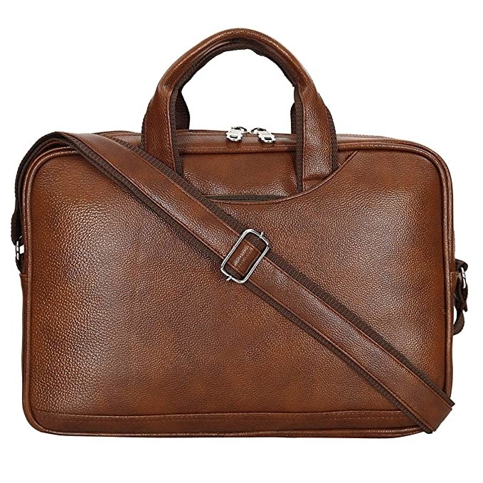 Brown faux leather laptop bag.