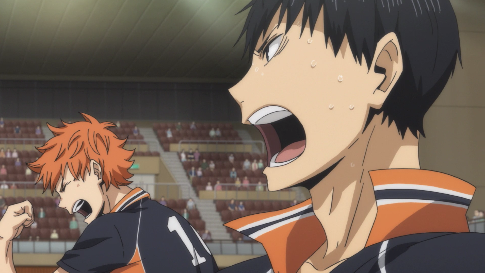 A closeup of Kageyama Tobio and Hinata Shoyo celebrating scoring a point during a volleyball match