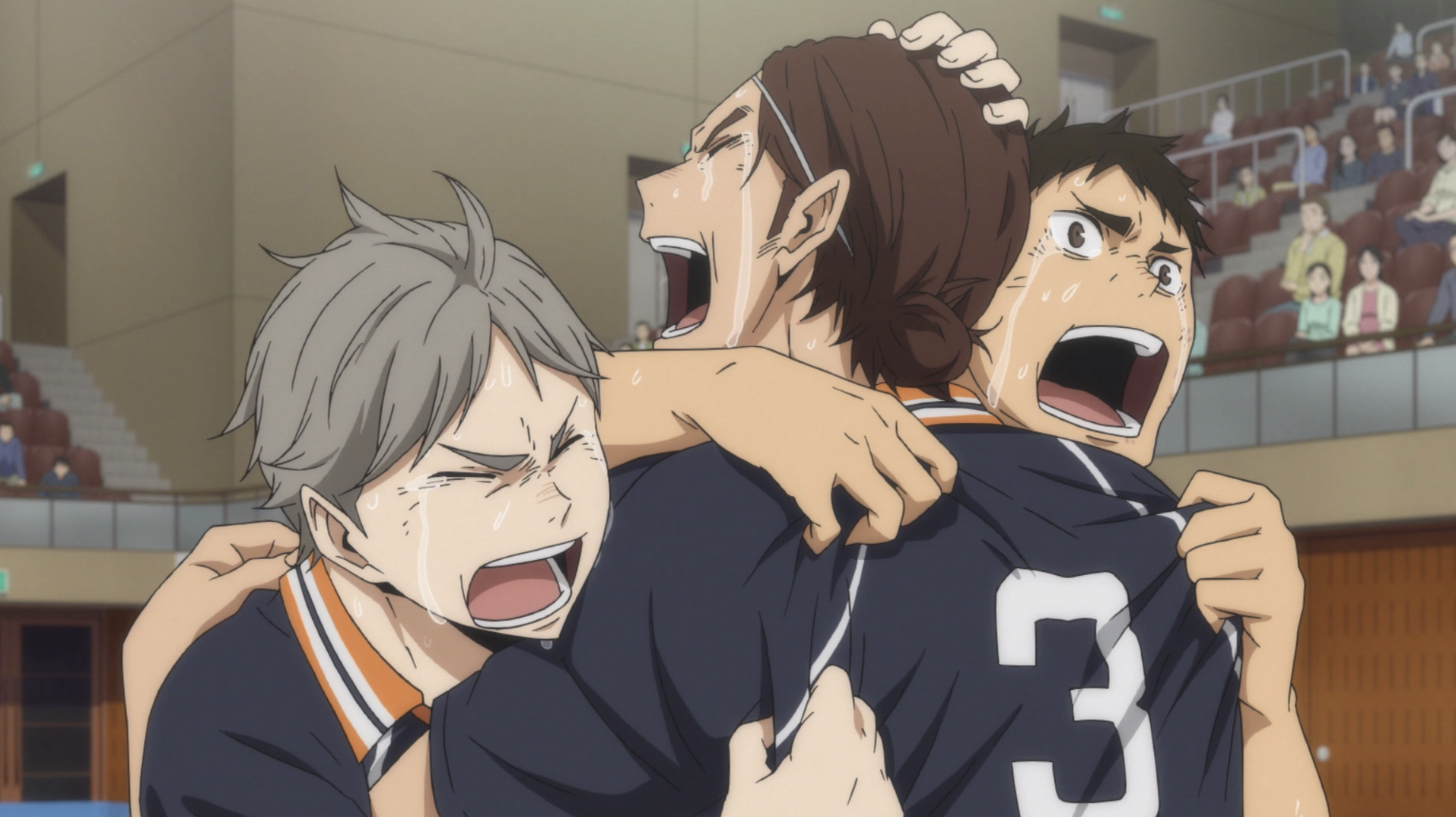 Sugawara, Asahi and Daichi hugging each other while crying