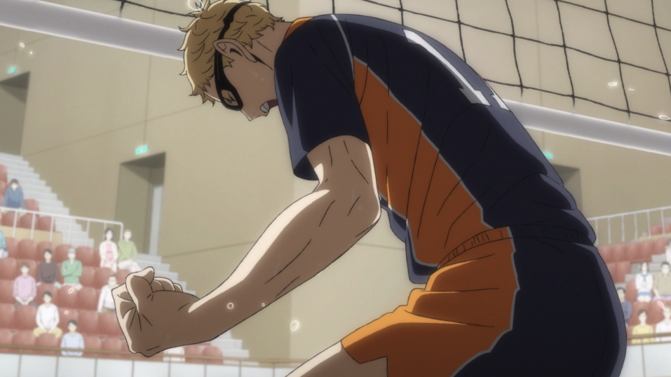 Tsukishima screaming up with joy after blocking Ushijima&#x27;s spike