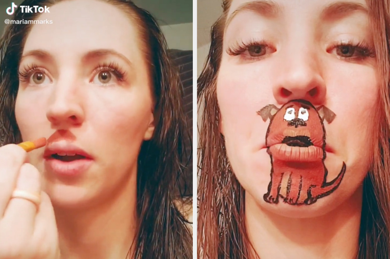 Mariam begins painting a cartoon dog around her mouth for a TikTok then shows off the finished product