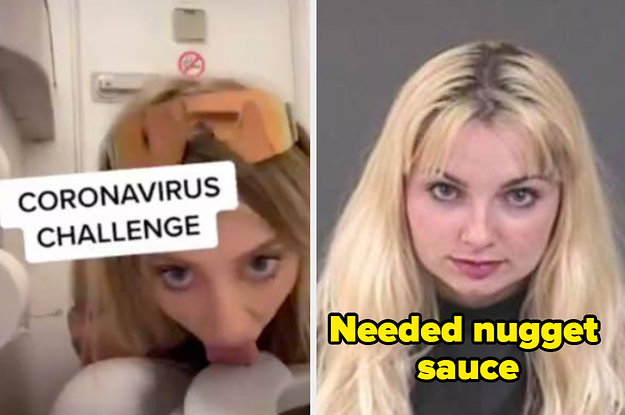 a girl licking a toilet seat and the mugshot of someone who needed nugget sauce