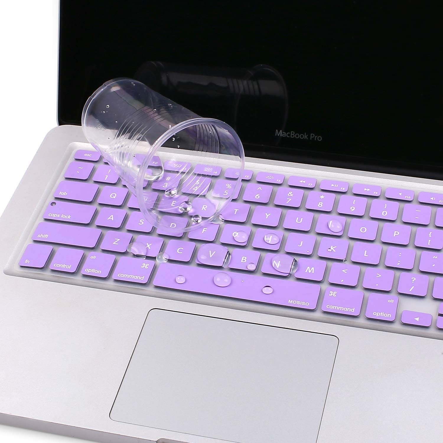 A silicone keyboard cover fitted over the laptop keys with a plastic cup with water dripping onto the laptop