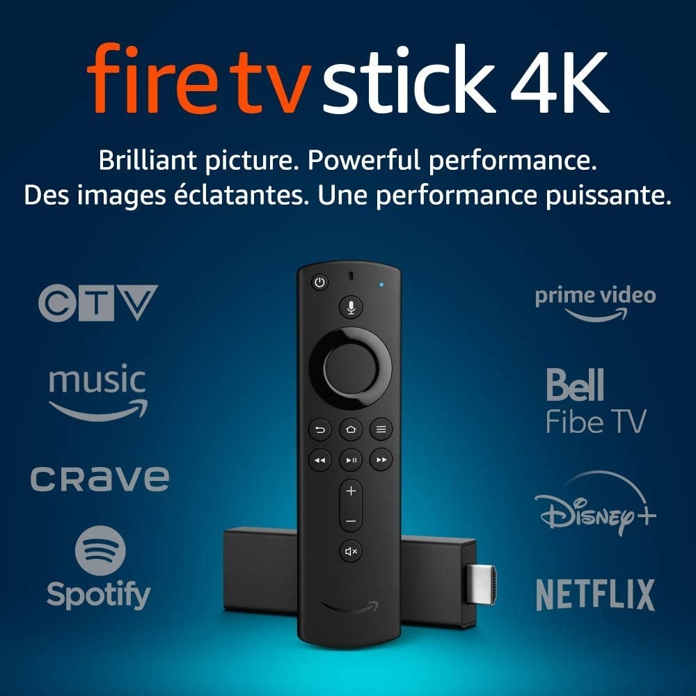 The Fire TV 4K stick can be played with CTV, Amazon Music, Crave, Spotify, Prime Video, Bell Fibe TV, Disney Plus, Netflix, and more