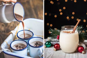 Three cups of hot chocolate are on the left with a cup of eggnog on the right